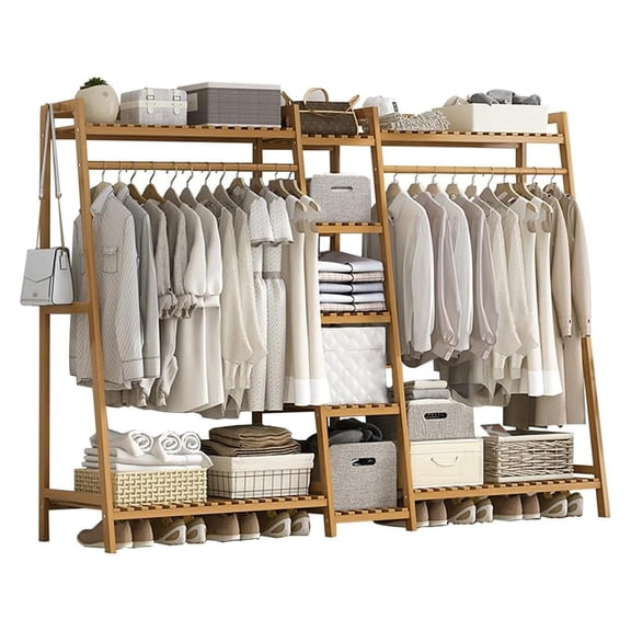 Multi Tier Bamboo Garment Rack With Double Hanging Rods, Freestanding Wardrobe Closet Organizer With Side Storage Shelves, Portable Clothes Hanging Rack And Shoe Stand For Bedroom Entryway Laundry Ro