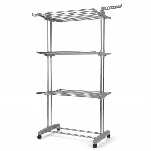 Multi-Tier Foldable Stainless Steel Clothes Drying Rack with Wheels, Rolling Collapsible Laundry Garment Dryer Rack with Side Hooks, Space Saving Indoor Outdoor Clothing Drying Stand