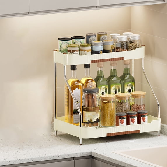 Multi-Tier Kitchen Counter Organizer | Spice Bottle & Condiment Rack | White or Beige Plastic & Stainless Steel Shelf | 13.58x12.60x9.44 Inches
