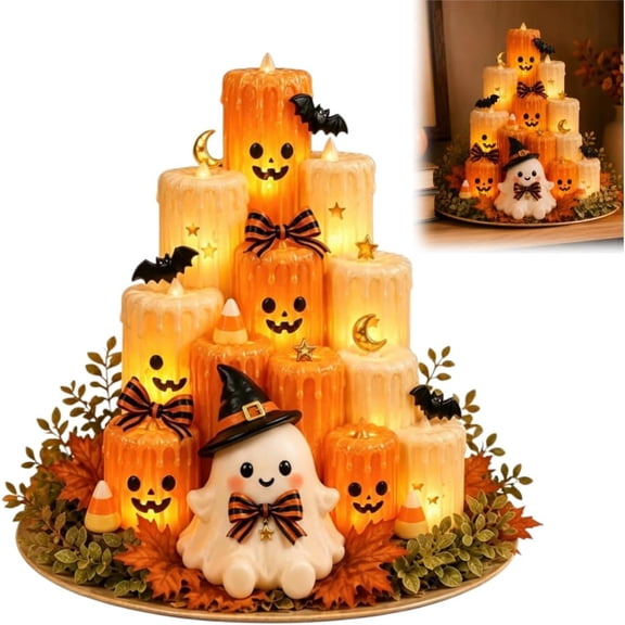 Multi-Tier Lighted Halloween Candle Tower Centerpiece, Dripping Pumpkin LED Candles with Witch Hat Ghost, Bat Moon Star Candy Corn Accents, Warm Resin Holder for Mantel & Coffee Table