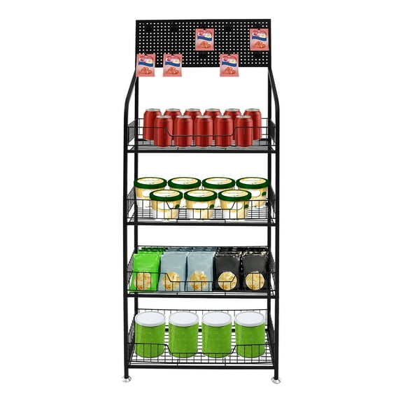 Multi-Tier Retail Display Stand with 4 Tiers, Elevated Guardrails, Hooks, Wheels, and Non-Slip Adjustable Feet for Efficient Use