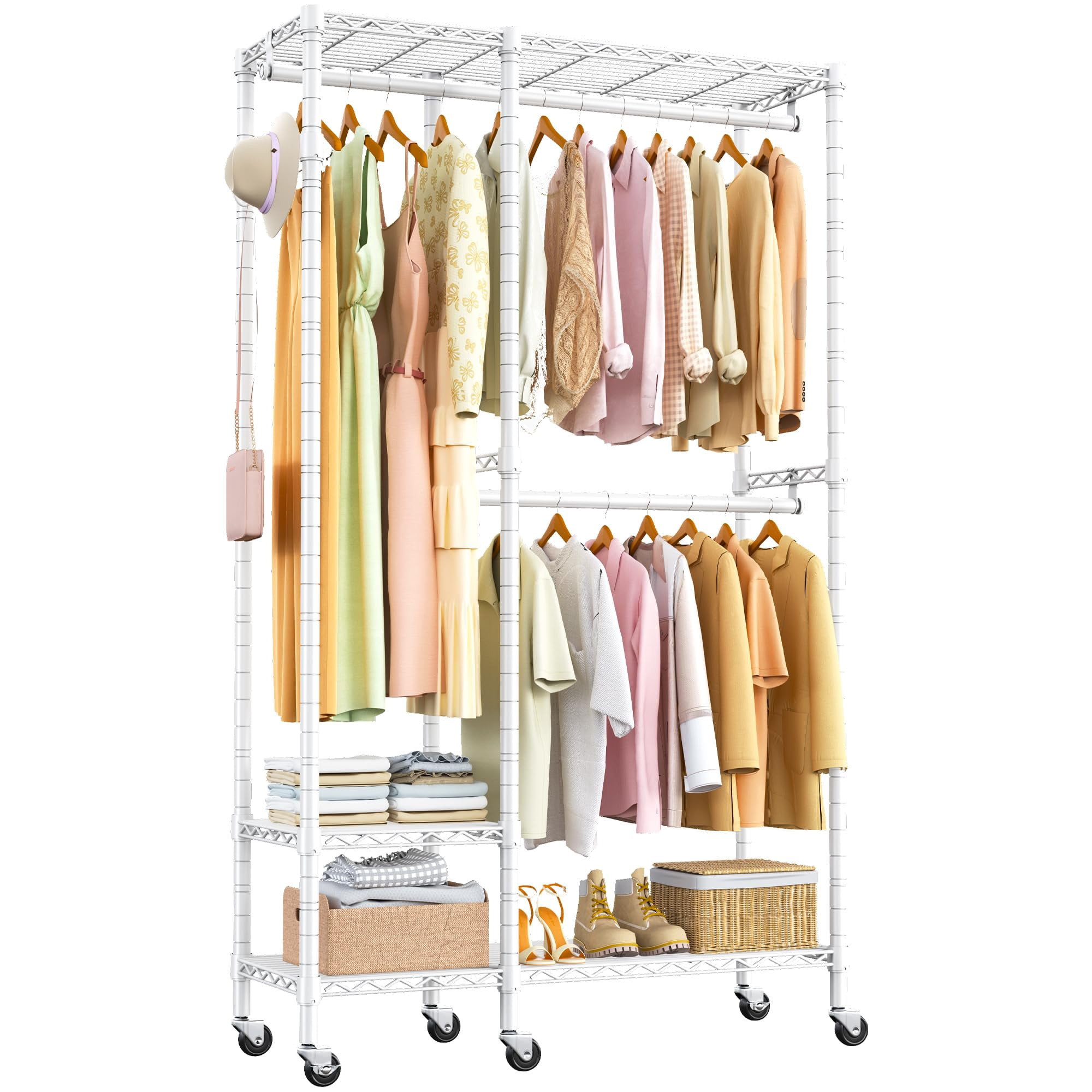 Multi-Tier Rolling Clothing Rack, Sturdy Steel Frame with Side Hooks ...