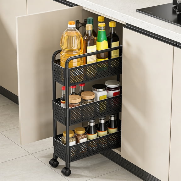 Multi-Tier Rolling Storage Cart | Slim Space-Saving Shelving Unit for Kitchen Pantry Organization | Narrow Rolling Cart for Snacks, Spices, and Condiments