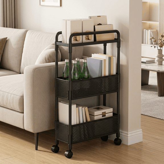 Multi-Tier Rolling Storage Cart | Slim Space-Saving Shelving Unit for Kitchen Pantry Organization | Narrow Rolling Cart for Snacks, Spices, and Condiments