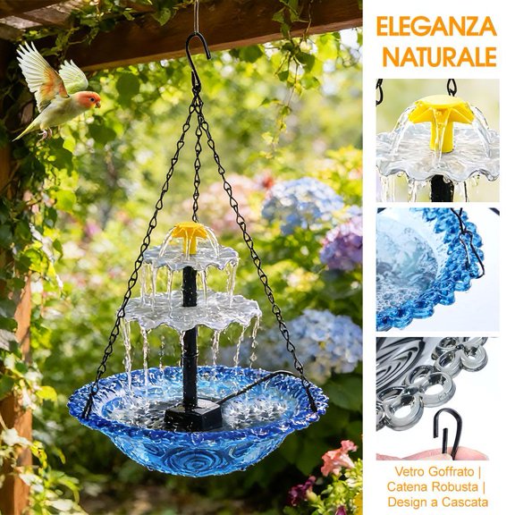 Multi-Tier Solar Fountain Bird Bath, 18.5 in Tall with Blue Patterned Bowl, Creates Soothing Atmosphere for Outdoor Spaces(Blue,New nozzle)