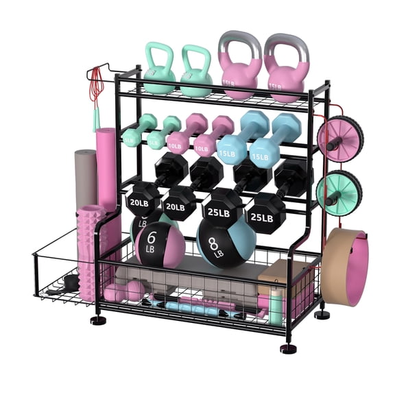 Multi-Tier Storage Rack for Home Gym – 4-Tier Dumbbell Organizer with Hooks, Powder-Coated Steel, Holds Dumbbells, Kettlebells, Yoga Mats, Strength Training Equipment – Color: Black