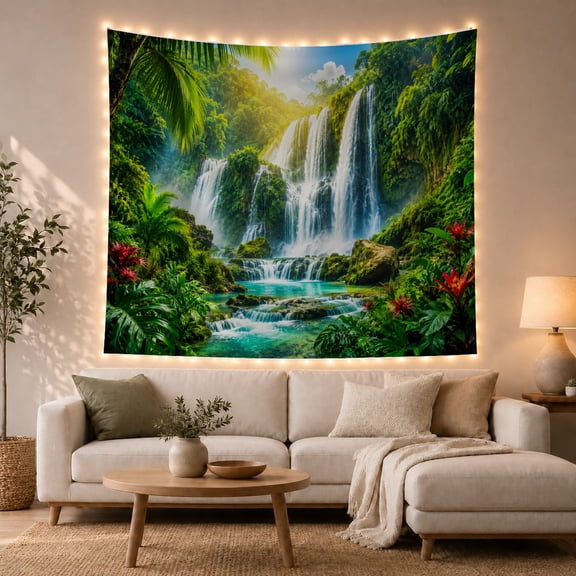 Multi-Tier Waterfall in Lush Jungle Paradise, Serene Boho for Nature Lovers, Rainforest Wall Art Decor, Housewarming Gift, Tapestry Wall Hanging for Living Room and Bedroom