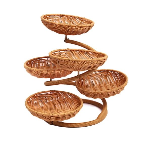 Multi-Tier Woven Fruit Basket Stand Rattan Rustic Wicker Shelf for Countertop Buffet, Space Saving Tiered Serving Tray for Fruit Snacks Desserts Pastries Kitchen Counter Party Display Home Decor