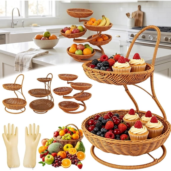 Multi-Tier Woven Storage Rack, Handwoven 5-Tier Chic Rattan Storage Rack, Kitchen Countertop Organizer Small Wicker Basket for Fruit Vegetable, Farmhouse Rustic Wicker Shelf for Countertop Buffet (A)