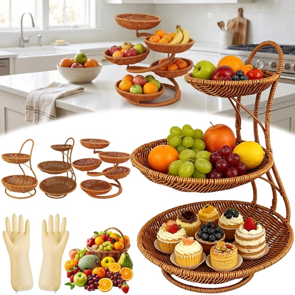 Multi-Tier Woven Storage Rack, Handwoven 5-Tier Chic Rattan Storage Rack, Kitchen Countertop Organizer Small Wicker Basket for Fruit Vegetable, Farmhouse Rustic Wicker Shelf for Countertop Buffet