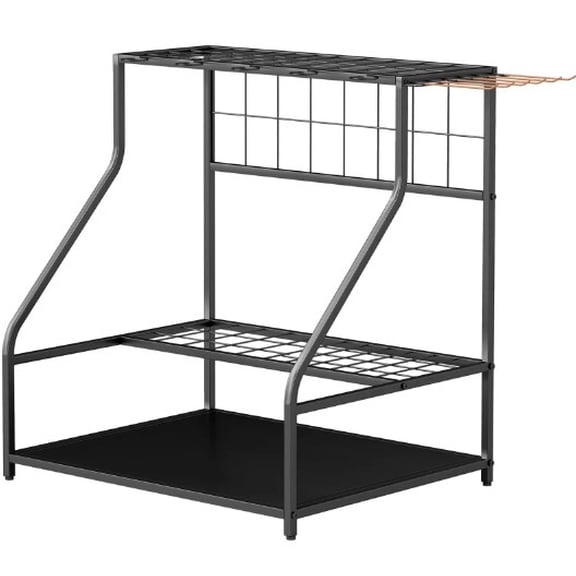 Multi-Tier Yard Tool Rack with Hooks for Long-Handled Tools Storage