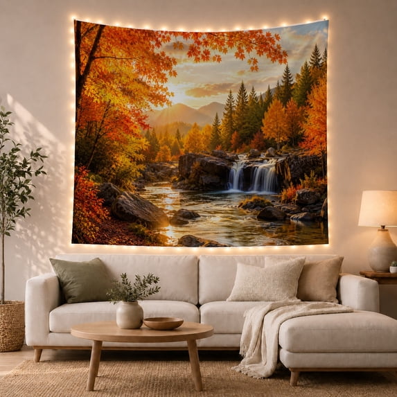 Multi-Tiered Waterfall in Autumn Forest with Maple Trees, Peaceful Rustic Wall Decor for Nature Lovers, Serene Landscape Art, Housewarming Gift, Tapestry Wall Hanging for Living Room and Bedroom
