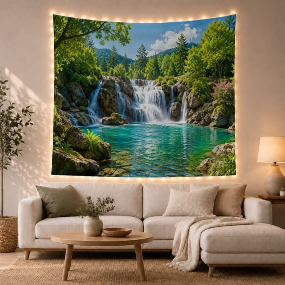 Multi-Tiered Waterfall in Lush Forest Serene Boho for Nature Lovers Scenic Landscape Wall Art Housewarming Gift Tapestry Wall Hanging for Bedroom and Living Room