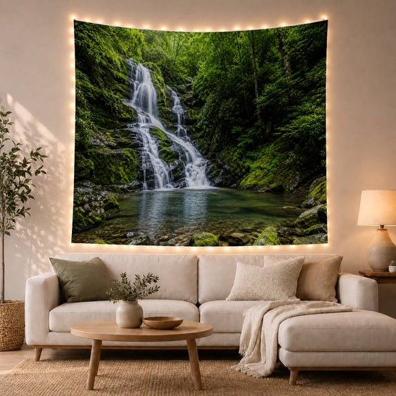 Multi-Tiered Waterfall in Mossy Rocks and Forest Pool, Serene Rustic for Nature Lovers, Nature Scene Wall Art Housewarming Gift, Tapestry Wall Hanging for Living Room and Bedroom