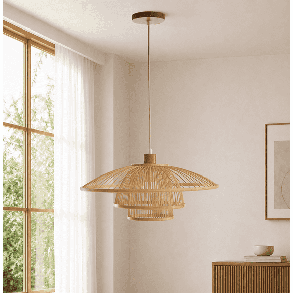 Booniture 20.5 Inch Multi-Tier Bamboo Pendant Light, Adjustable Hanging Ceiling Lamp, Natural Woven Light Fixture for Dining Room Living Room Restaurant.