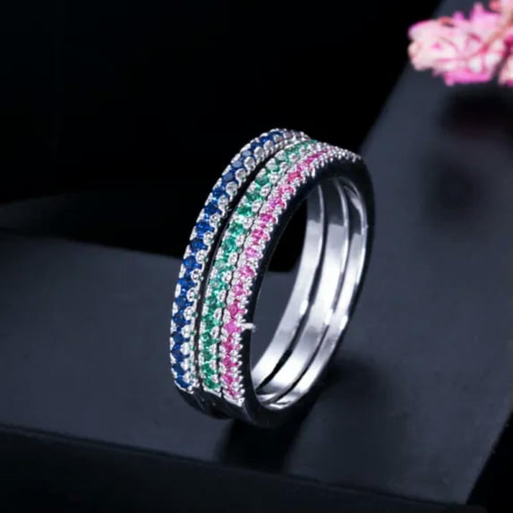 Multi-Tone Gold Plated CZ Engagement Wedding Band Stackable Ring Jewelry Set