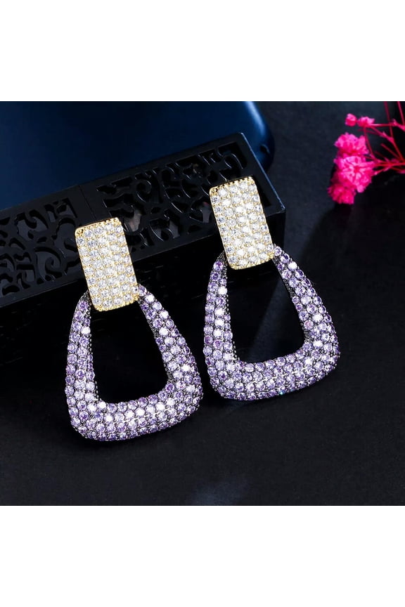 Multi-Tone Gold Plated Pave Setting CZ Bridal Long Rectangle Drop Dangle Earring