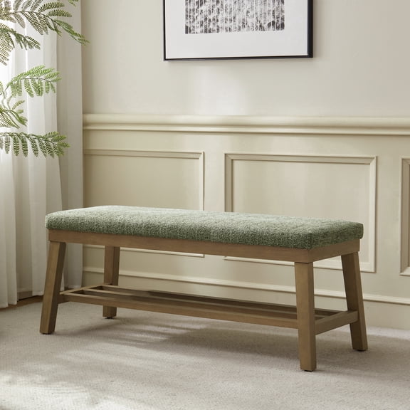 Multi-Tone Speckled Fabric Storage Bench with Solid Wood Frame & Open Shelves for Entryway Bedroom Living Room