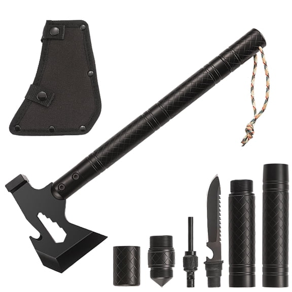 Multi-Tool Camping Axe with Knife, Fire Starter, Whistle, Compass & Nylon Sheath, Tactical Survival Hatchet for Hiking, Hunting & Emergency