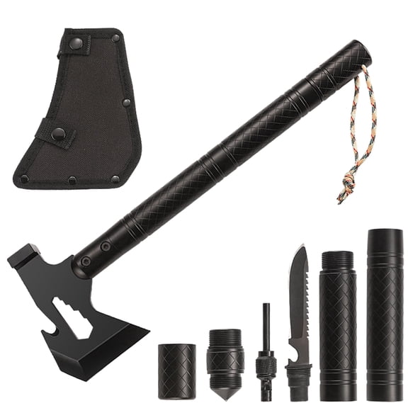Multi-Tool Camping Axe with Knife, Fire Starter, Whistle, Compass & Nylon Sheath, Tactical Survival Hatchet for Hiking, Hunting & Emergency
