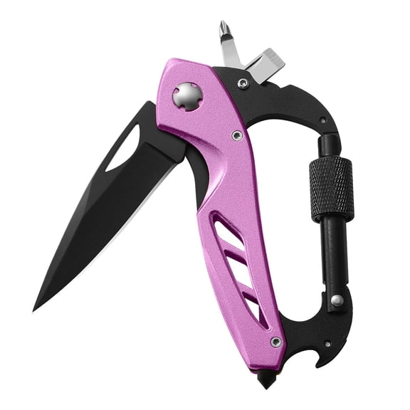 Multi-Tool Carabiner With Integrated Pocket Knife, 18.54 Inch Survival Outdoor Gear, Multi-Functional Clip With Bottle Opener, Window Breaker and Screwdriver, Practical Camping,Pink
