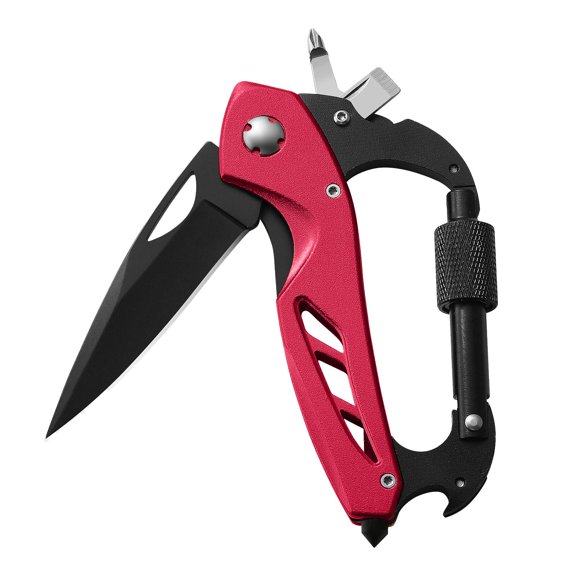 Multi-Tool Carabiner With Integrated Pocket Knife, 18.54 Inch Survival Outdoor Gear, Multi-Functional Clip With Bottle Opener, Window Breaker and Screwdriver, Practical Camping,Red