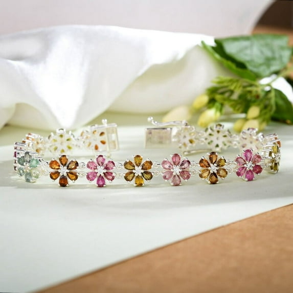 Multi Tourmaline Floral Bracelet in Sterling Silver, Tourmaline Bracelet, Tourmaline Tennis Bracelet, Tourmaline Jewelry, Gift for Her
