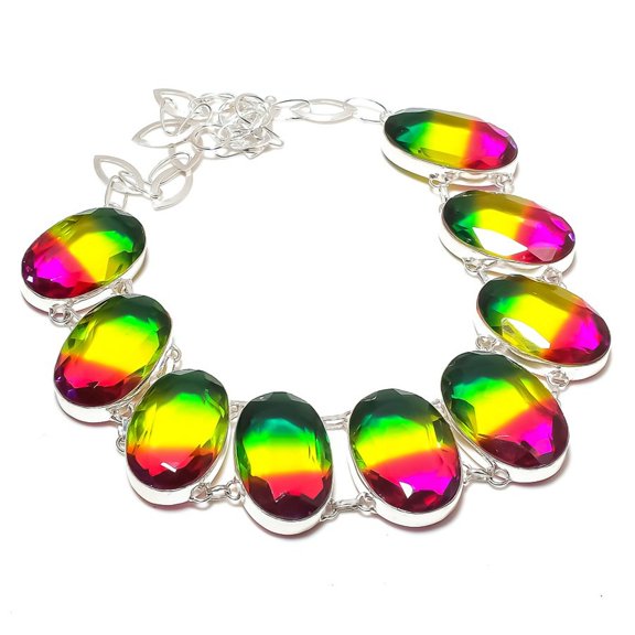 Multi Tourmaline Oval Shape Gemstone Necklace Adjustable Chain Gift Jewelry 18"