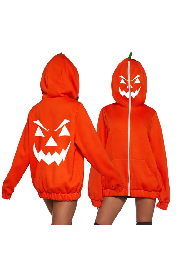 Multi Traditional Pumpkin Face Zip Up Coat, Classic Jack O Face Printed Pumpkin Hooded Zip Jacket, Oversized Halloween Sweatshirt With 3D Stem Hood,Pumpkin Face Graphic Outerwear, White 3XL