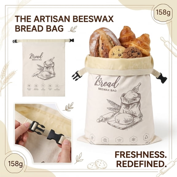 Multi-Use Beeswax Bread Bag, Reusable Cotton Food Storage with Drawstring, for Sourdough, Artisan Bread, Produce, Snacks & Zero Waste Kitchen