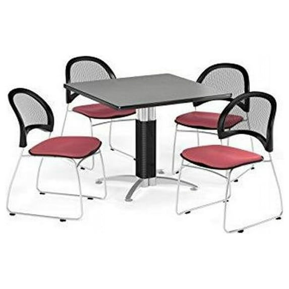 Multi-Use Break Room Package, 36" Square Table with Moon Stack Chairs, Cherry Finish with Metal Mesh Base and Forest Green Seats (PKG-BRK-174)