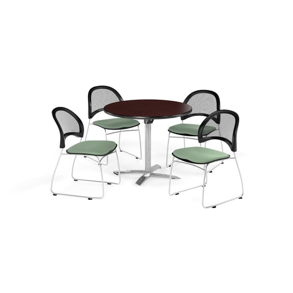 Multi-Use Break Room Package, 42" Round Flip-Top Table with Moon Stack Chairs, Mahogany Finish with Sage Green Seats (PKG-BRK-171)