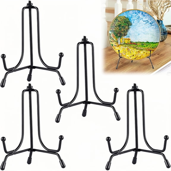 Multi-Use Easel Stands 4 Pack - 8 Inch Black Iron, Adjustable Width & Anti-Slip Legs for Plates, Photos, Tablets & Office Decor