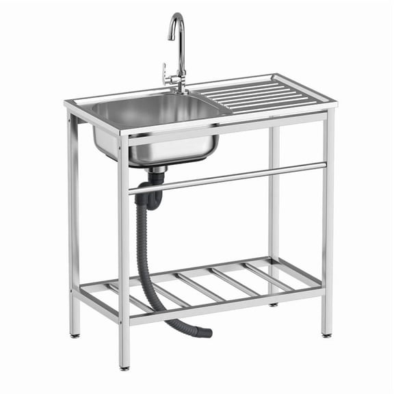 Multi-Use Outdoor Kitchen Sink, Stainless Steel Single Bowl Sink with Hot Cold Faucet & Hose Hook Up