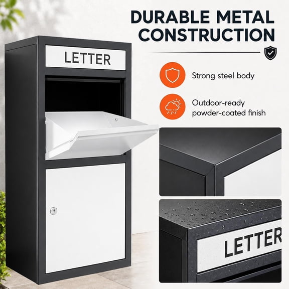 Multi Use Package Delivery Box, Weatherproof Galvanized Steel Parcel Drop Bin, Black & White Mailbox for Patio