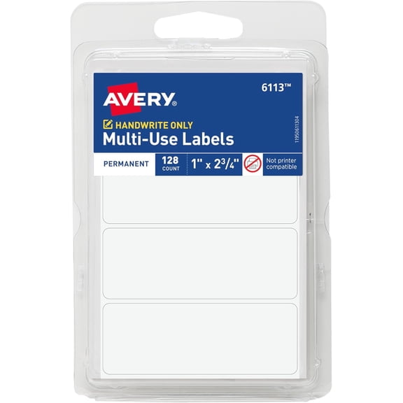 Multi-Use Permanent Labels, 1" x 2.75", White, Non-Printable, 128 Blank Labels Total (6113)