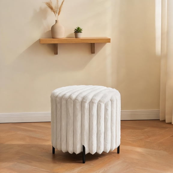 Multi-Use Round Ottoman Warm Beige Faux Fur Foot Rest with Black Metal Legs