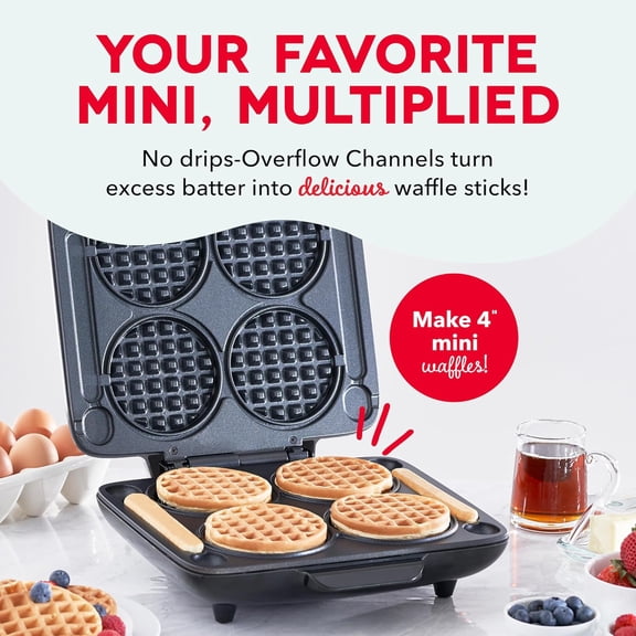 Multi  Waffle Maker - Makes Four Waffles at Once for Family Breakfasts - Dual Nonstick Heating Plates & Easy-Release Surface - Compact & Fast-Heating - Graphite