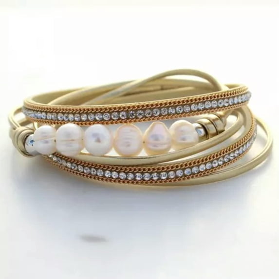 Multi Wrap Rhinestones & Freshwater Pearl Suede Leather Crystal Magnet Bracelet