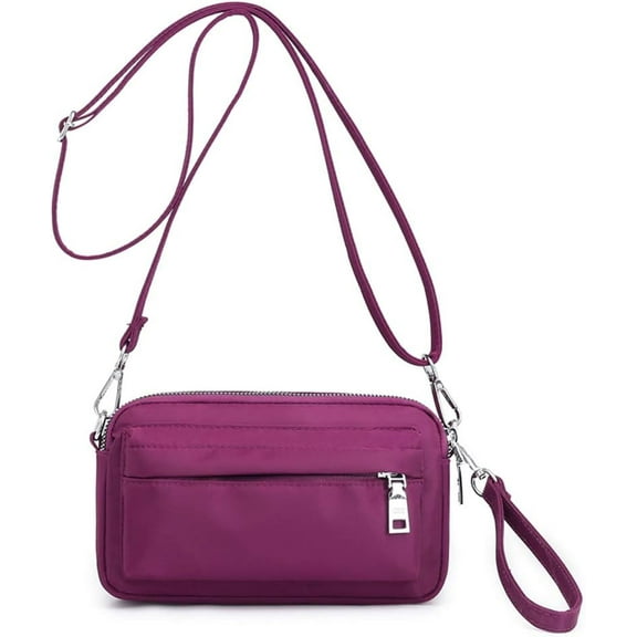 Multi-Zipper Crossbody Handbag Purse, Women's Nylon Wristlet Mini Crossbody Bag Clutch with 2 Straps