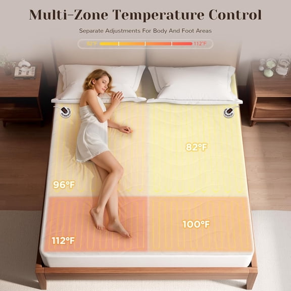 Multi-Zone Heated Mattress Pad Queen Size - Electric Mattress Pad Fit up to 15" with 10 Heat Setting & 12 Hour Auto Off, Independent Body & Feet Heating, Machine Washable(Bleach)