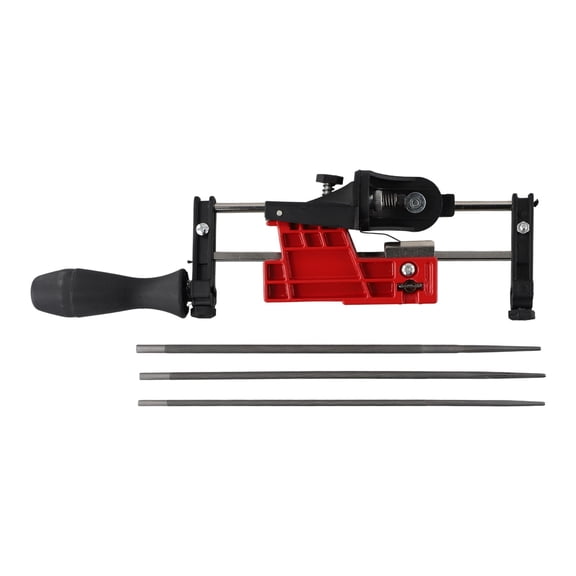 Multi-angle chain saw sharpener guide with 3 file blades (red)
