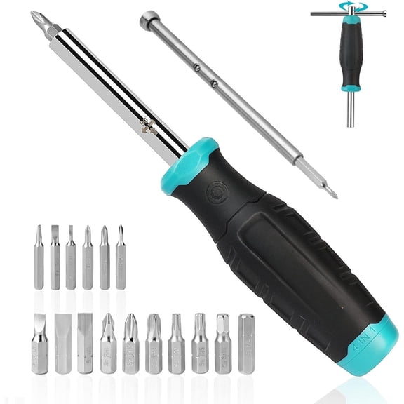 Multi-bit Set, 18-in-1 with T-bar and Precision Stored in Shaft, Phillips/Slotted//Square, Professional in One Tool Kit for Repairing