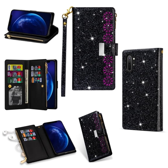 Multi-card Slots Starry Sky Laser Carving Glitter Zipper Horizontal Flip Leather Case with Holder