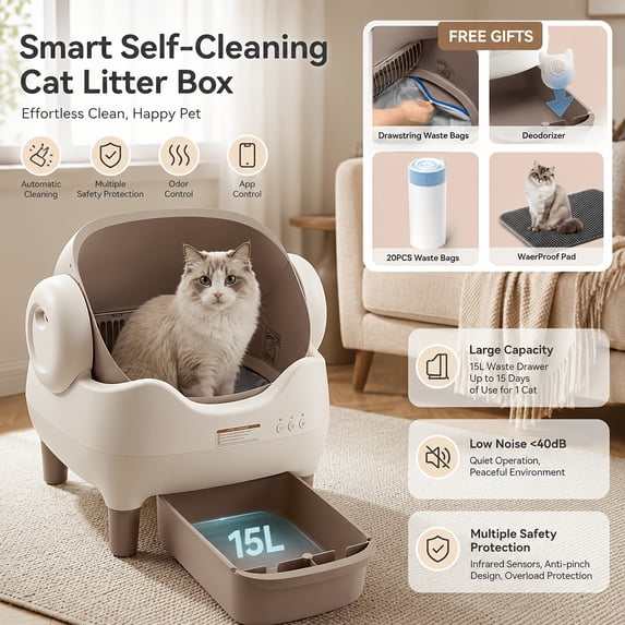 Multi-cat Automatic Cleaning Litter Box - Spacious Robot-style Litter Box Equipped with Smart Sensors, Open Design, And 360° Safety Features. Odorless Automatic Scooping for Indoor Cats