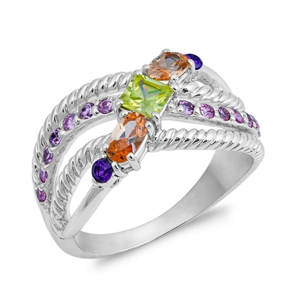 Multi-color CZ Colorful Geometric Knot Ring .925 Sterling Silver Band Jewelry Female Size 7