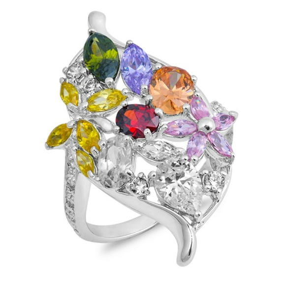 Multi-color CZ Mosaic Colorful Flower Ring .925 Sterling Silver Band Jewelry Female Size 7