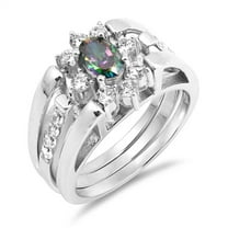 Multi-color CZ Oval Flower Engagement Ring Set Sterling Silver Band Black 925 Female Size 6