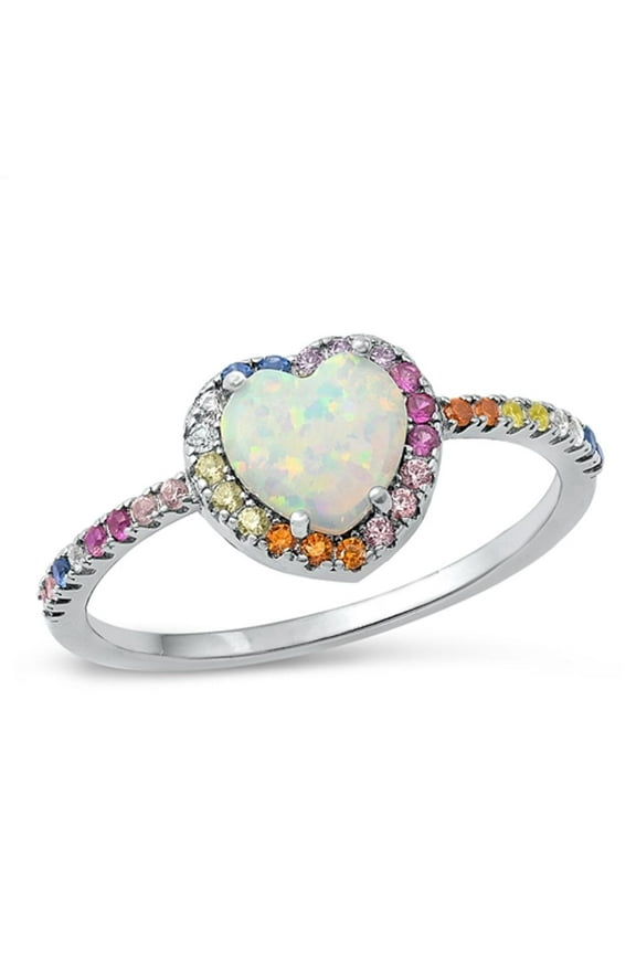 Multi-color CZ White Simulated Opal Heart Ring .925 Sterling Silver Band Jewelry Female Size 4