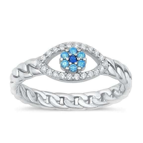 Multi-color Cubic Zirconia Evil Eye Ring .925 Sterling Silver Chain Link Band Jewelry Female Size 9